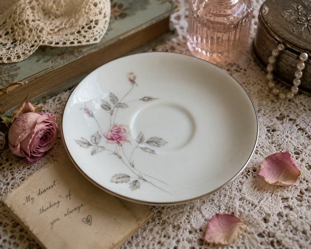 Vintage Royal Song Remembrance 5442 Pink Rose Silver Trim Saucer Fine China